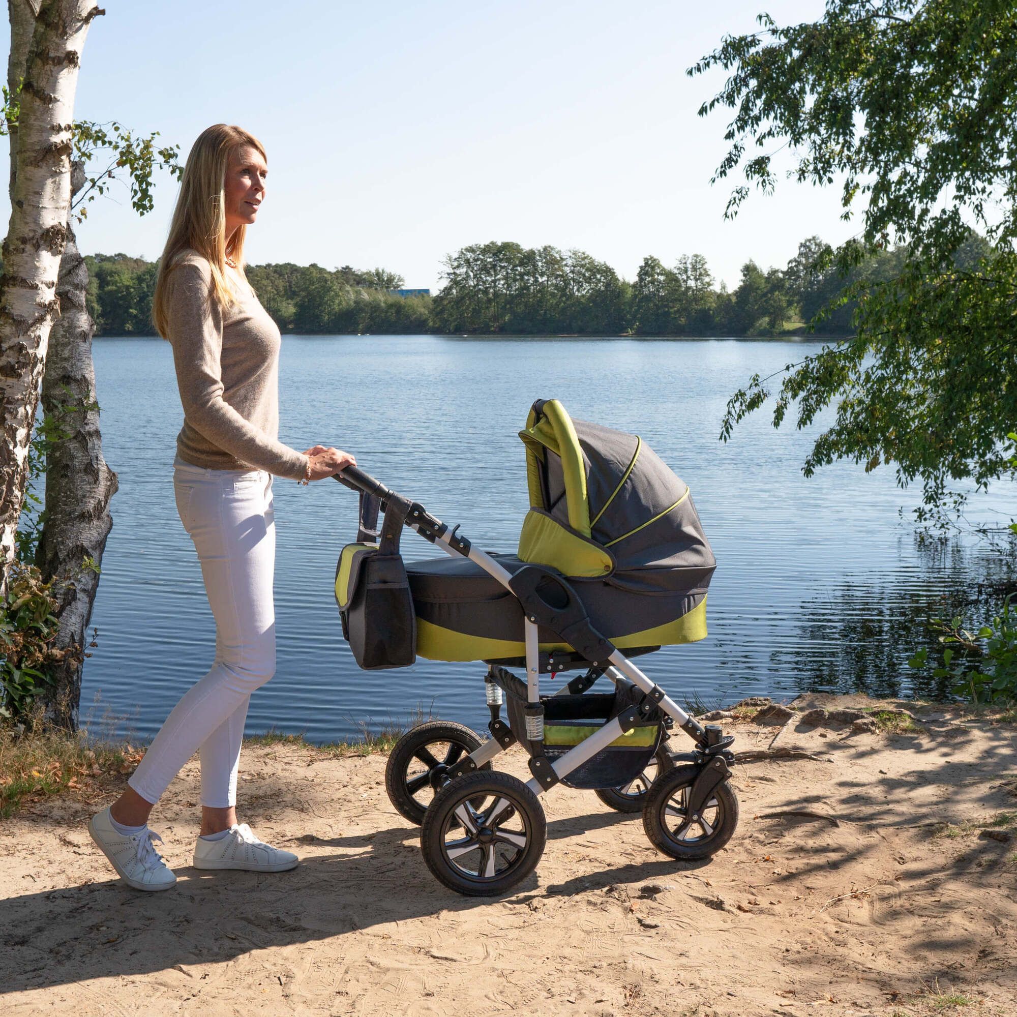 Friedrich Hugo Hamburg 3 in 1 Kinderwagen Set Hartgummireifen, Grey & Green