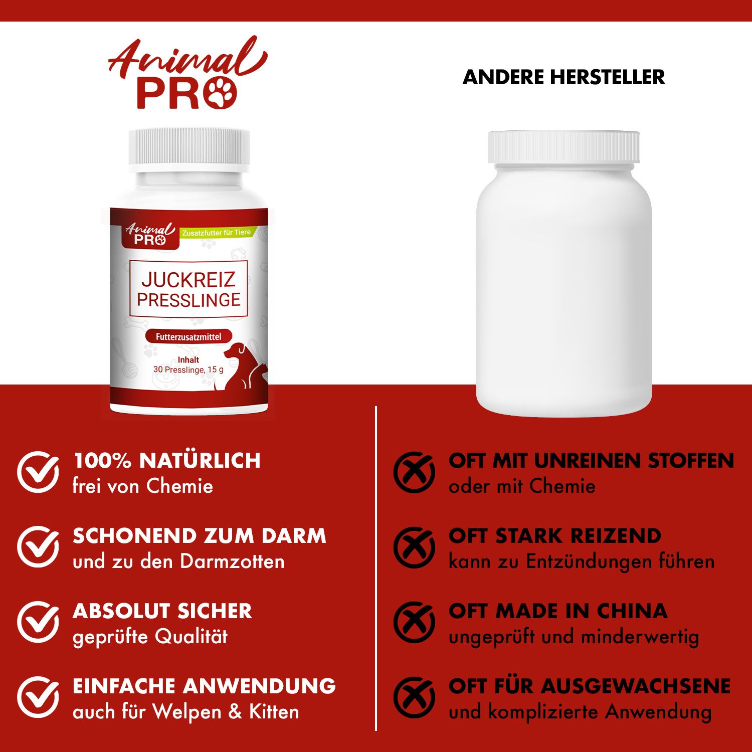 Vergleich: Flasche Animal Pro Juckreiz Presslinge vs. andere Hersteller. Text: 100% natürlich, schonend, sicher, einfache Anwendung.