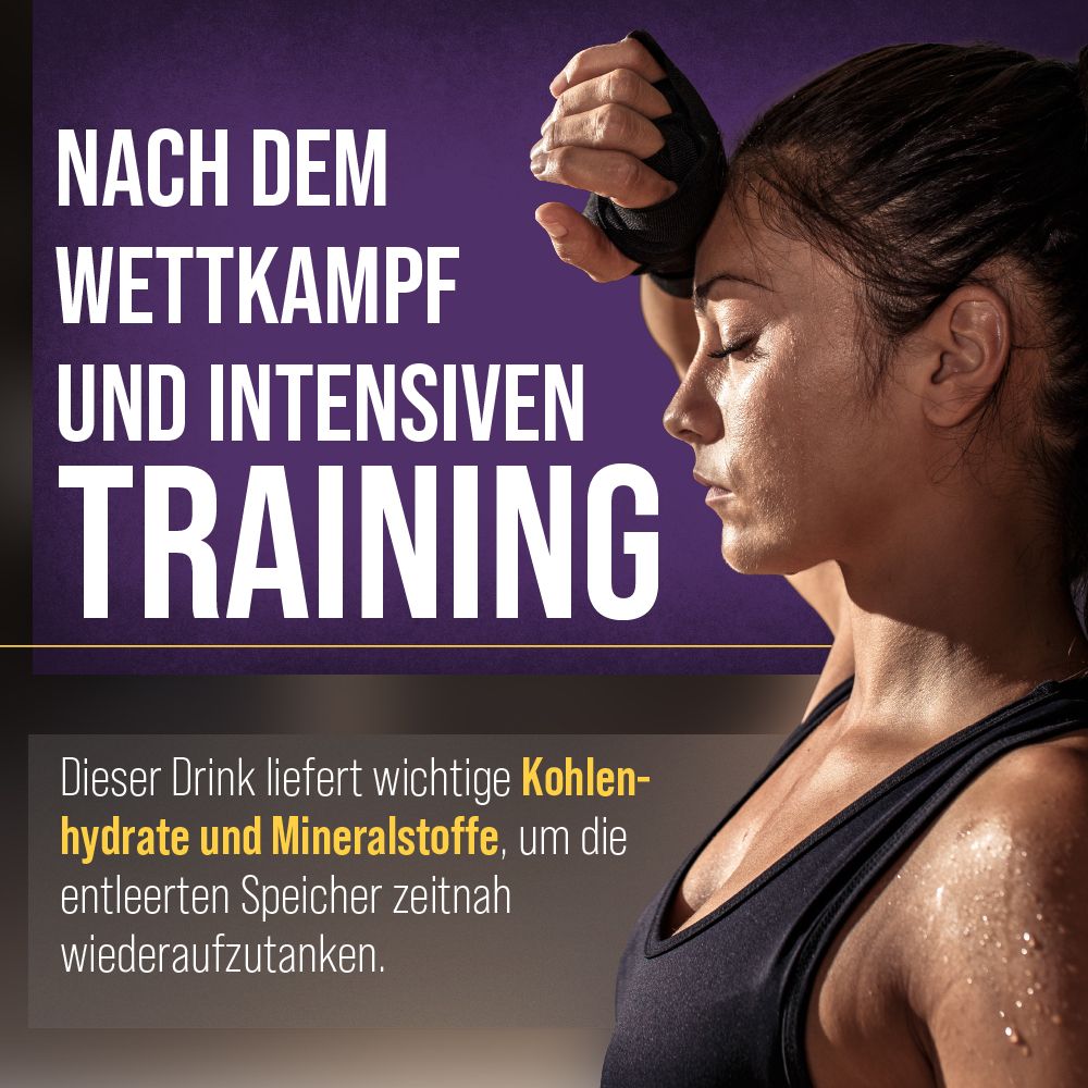 Frau mit verschwitztem Gesicht. Text: Nach dem Wettkampf und intensivem Training. Liefert Kohlenhydrate und Mineralstoffe.