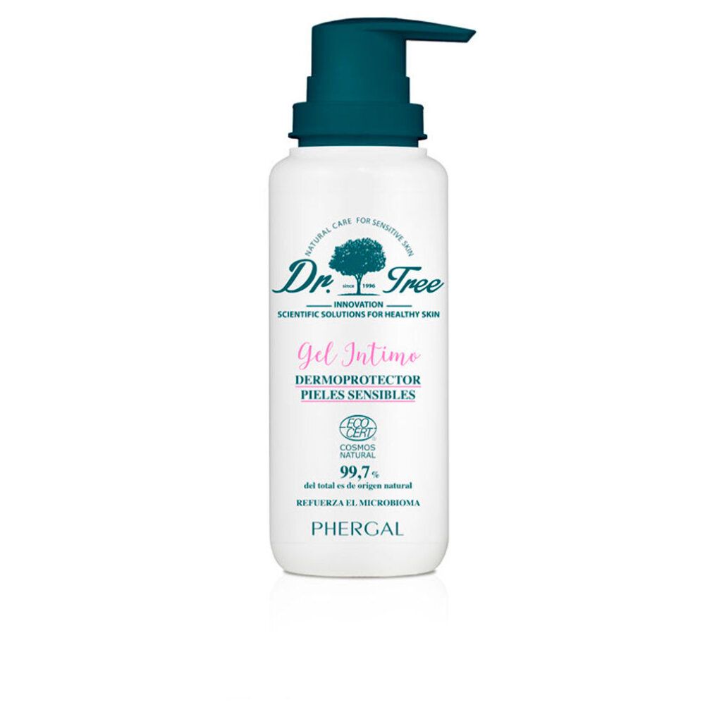 Weißer Spender mit dunkelgrünem Pumpkopf. Aufschrift: Dr. Tree, Gel Intime, für empfindliche Haut. COSMOS NATURAL-Zertifizierung.