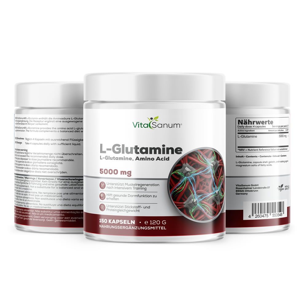 Drei weiße Behälter mit rotem Etikett. Aufschrift: VitaSanum L-Glutamin, 5000 mg, 150 Kapseln, 120 g. Abbildung von Molekülen. Rückseite mit Nährwertangaben.