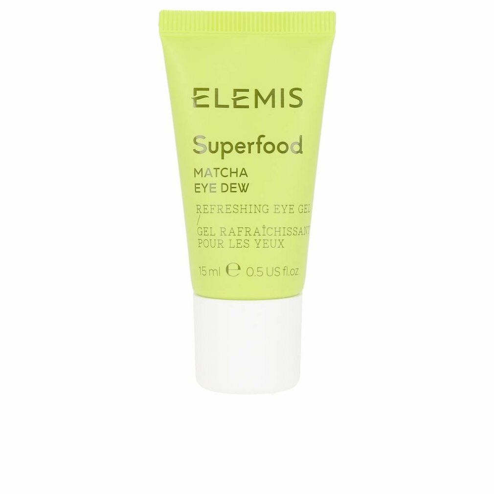 Grüne Tube mit weißem Deckel. Aufschrift: Elemis Superfood Matcha Eye Dew, Refreshing Eye Gel. Volumen: 15ml.