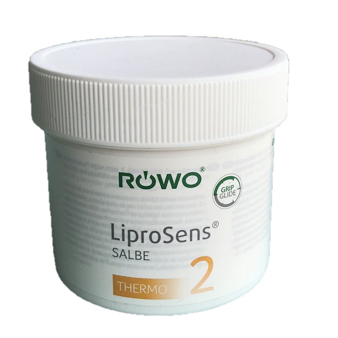 Weißer Tiegel mit Deckel. Aufschrift: Röwo, LiproSens Salbe Thermo 2. Grip Glide-Logo.