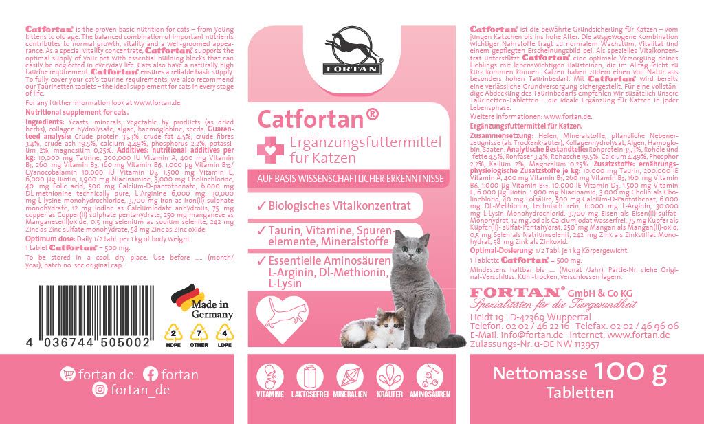 Catfortan Ergänzungsfuttermittel für Katzen: Etikett mit Inhaltsstoffen wie Taurin, Vitaminen, Aminosäuren. Hergestellt in Deutschland.