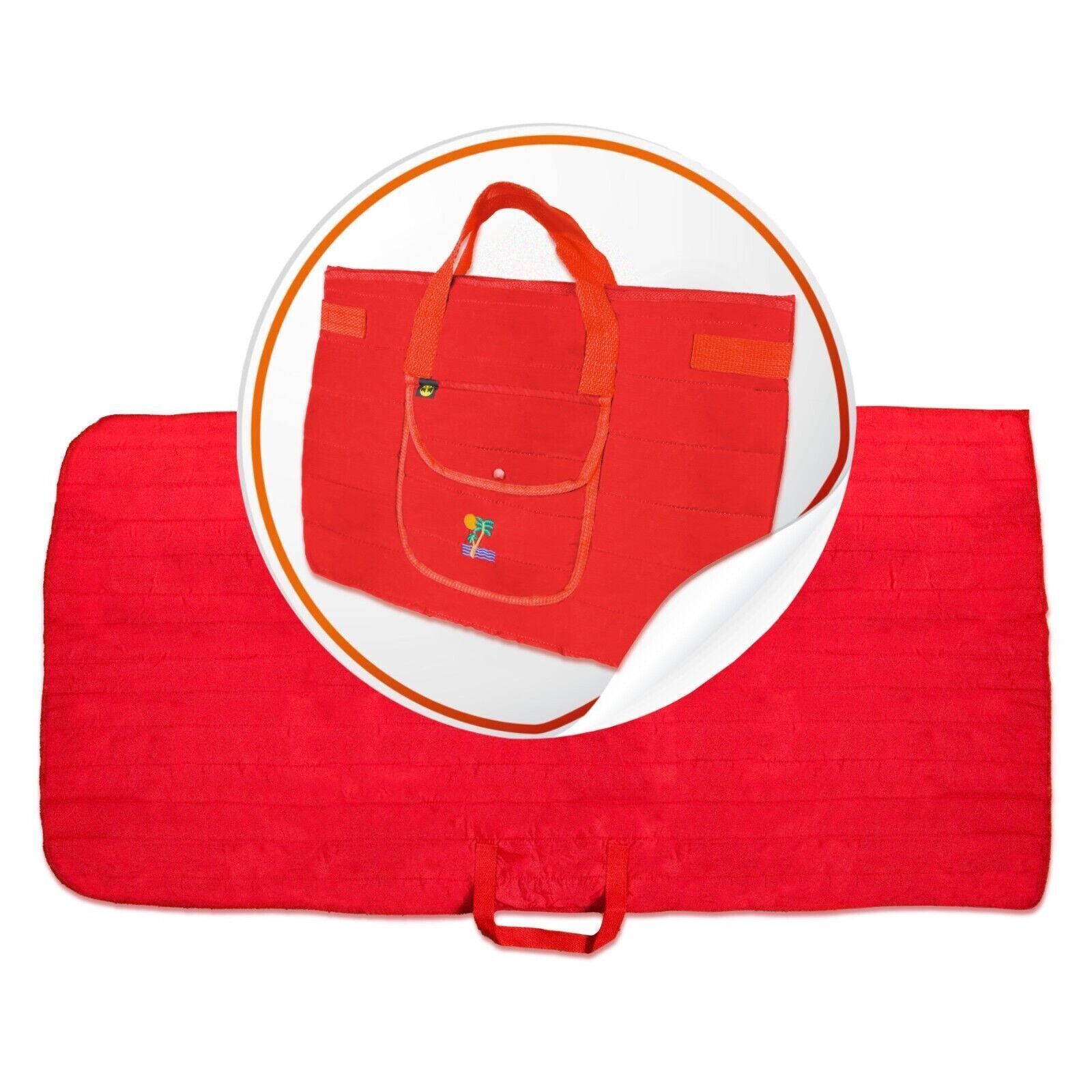 Rote Faltmatte mit Tragegriff, in Tasche verpackt. Auf der Tasche befindet sich eine kleine Tasche mit einem aufgestickten Motiv.