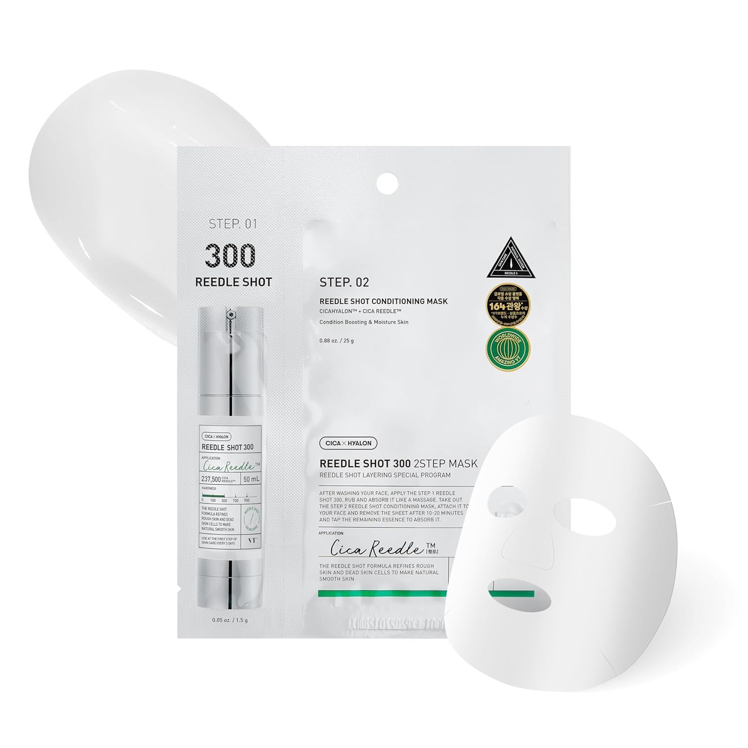 Produktpackung mit Creme und Sheet Mask. Aufschrift: STEP 01, STEP 02. Produkt: Reedle Shot 300 2 Step Mask.