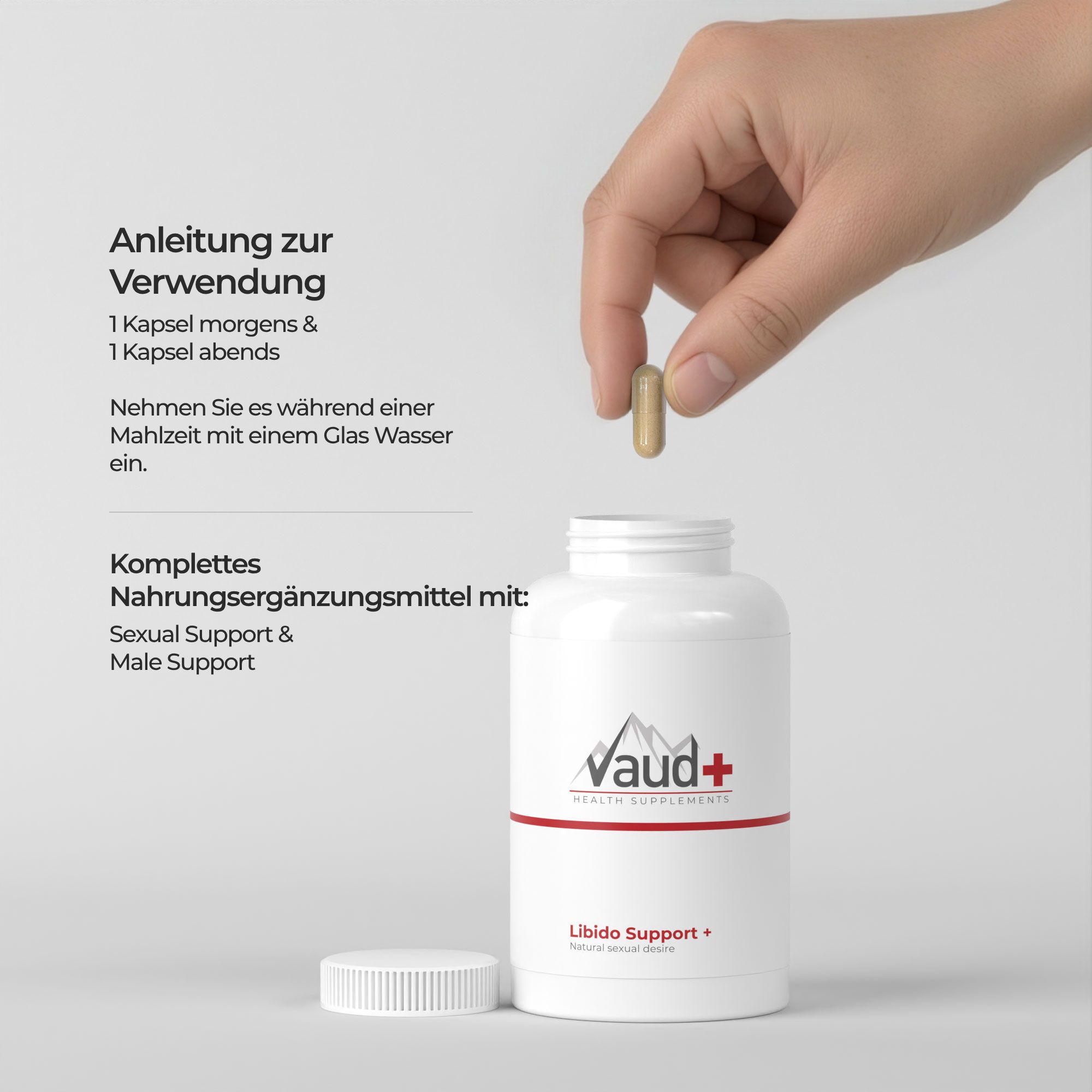 Hand legt Kapsel in Flasche. Anleitung zur Verwendung. Vaud+ Libido Support+.