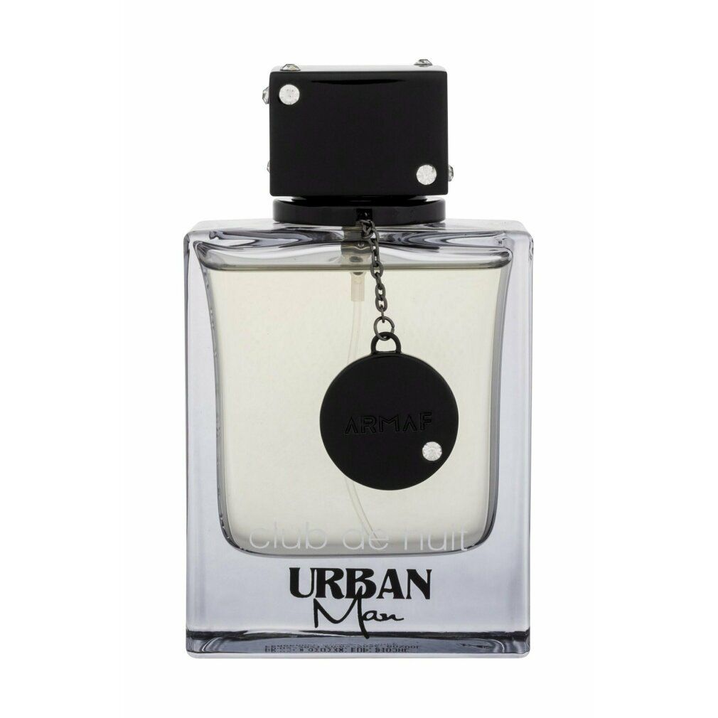 Quadratischer Flakon mit schwarzem Verschluss und Kette. Aufschrift: Urban Man, Armaf. Schwarzer Kreis mit Logo.