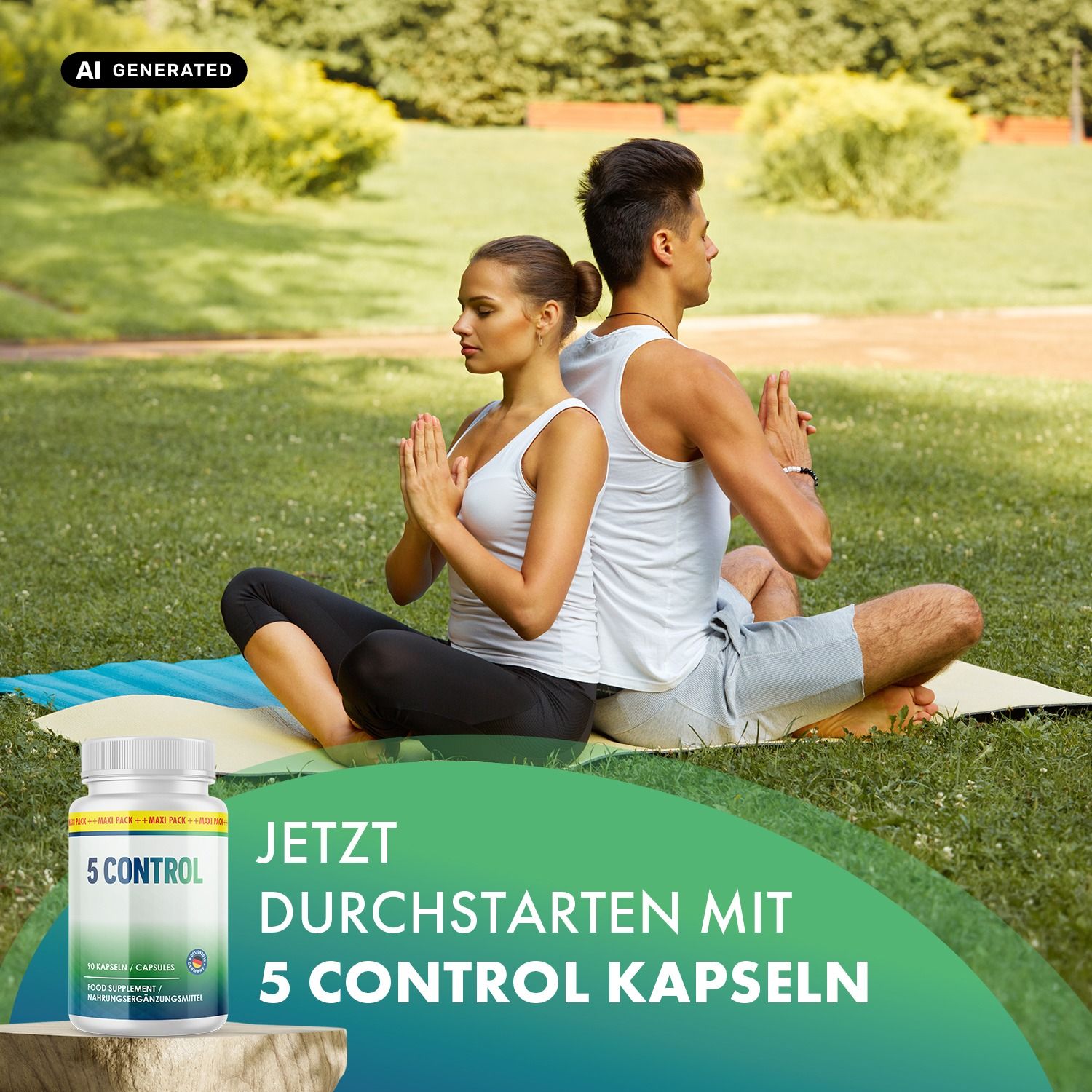 Dose '5 CONTROL' mit 90 Kapseln, Nahrungsergänzungsmittel, mit deutschen Textblasen.
