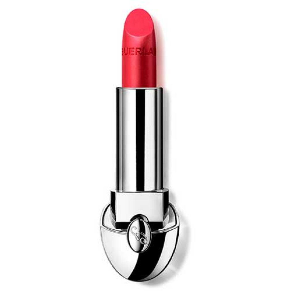 Offener Lippenstift. Metallfarbenes Gehäuse mit rotem Lippenstift. Marke auf dem Lippenstift sichtbar.