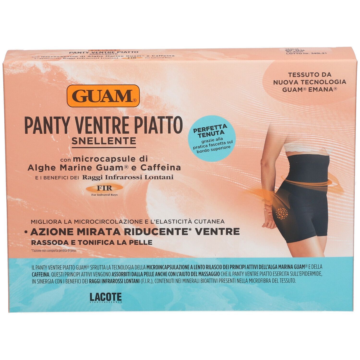 Confezione GUAM® Panty Ventre Piatto Snellente. Immagine del prodotto con testo e illustrazione di una donna. Include informazioni sull'uso.