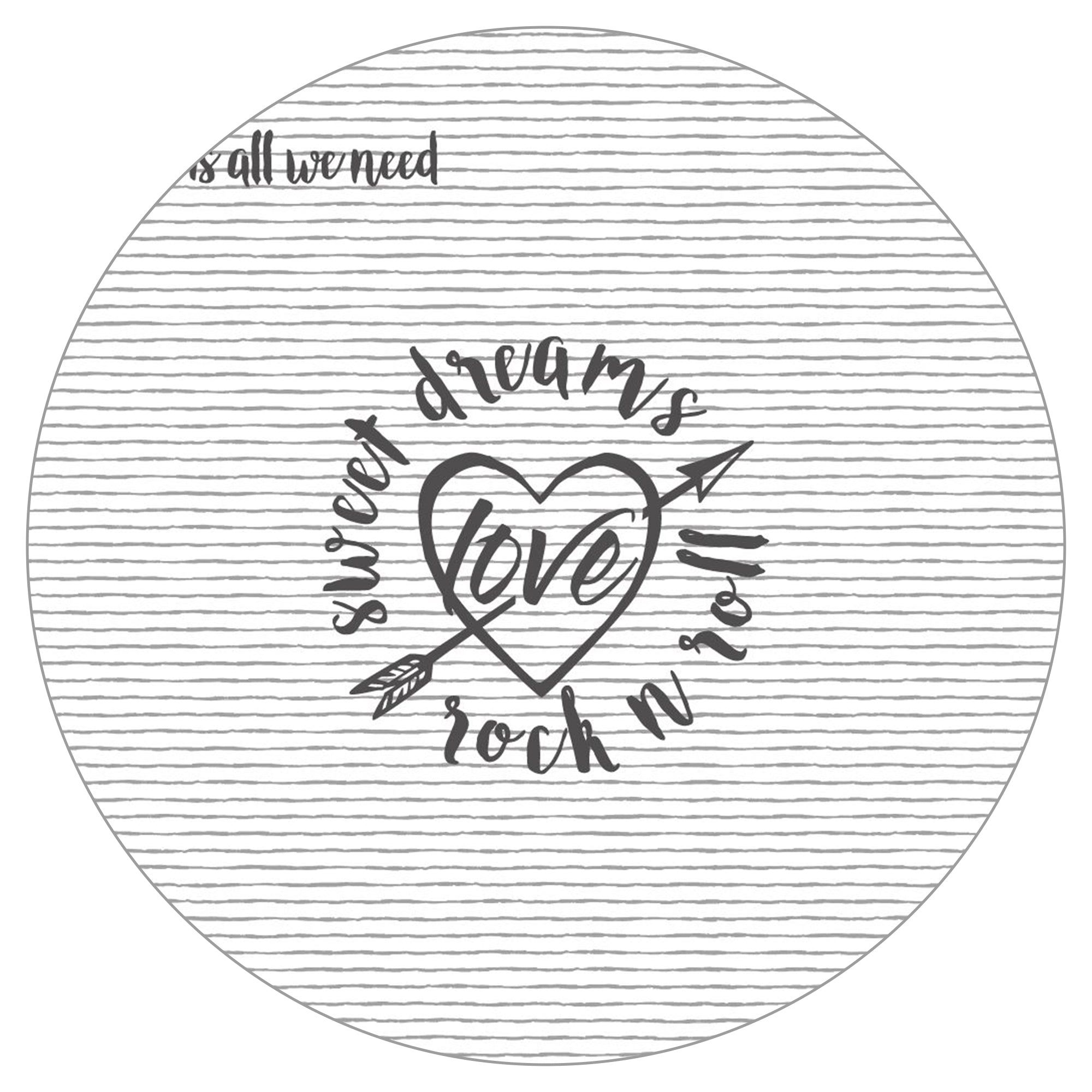 Runder, grau-weiß gestreifter Matratzendruck mit Text: sweet dreams rock n roll love. Pfeil und Herz-Design.