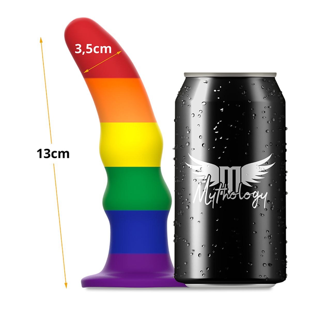 Regenbogenfarbener Dildo neben einer Dose. Maße: 13 cm lang, 3,5 cm Durchmesser.