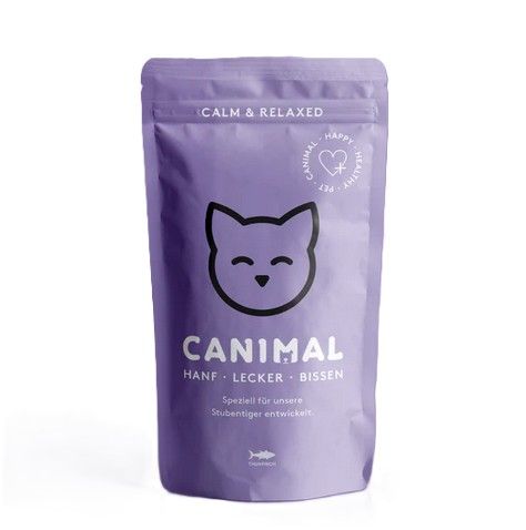 Lila Beutel mit CANIMAL-Logo und Text. Enthält Leckerlis für Katzen. Aufschrift: Hanf, Lecker, Bissen.
