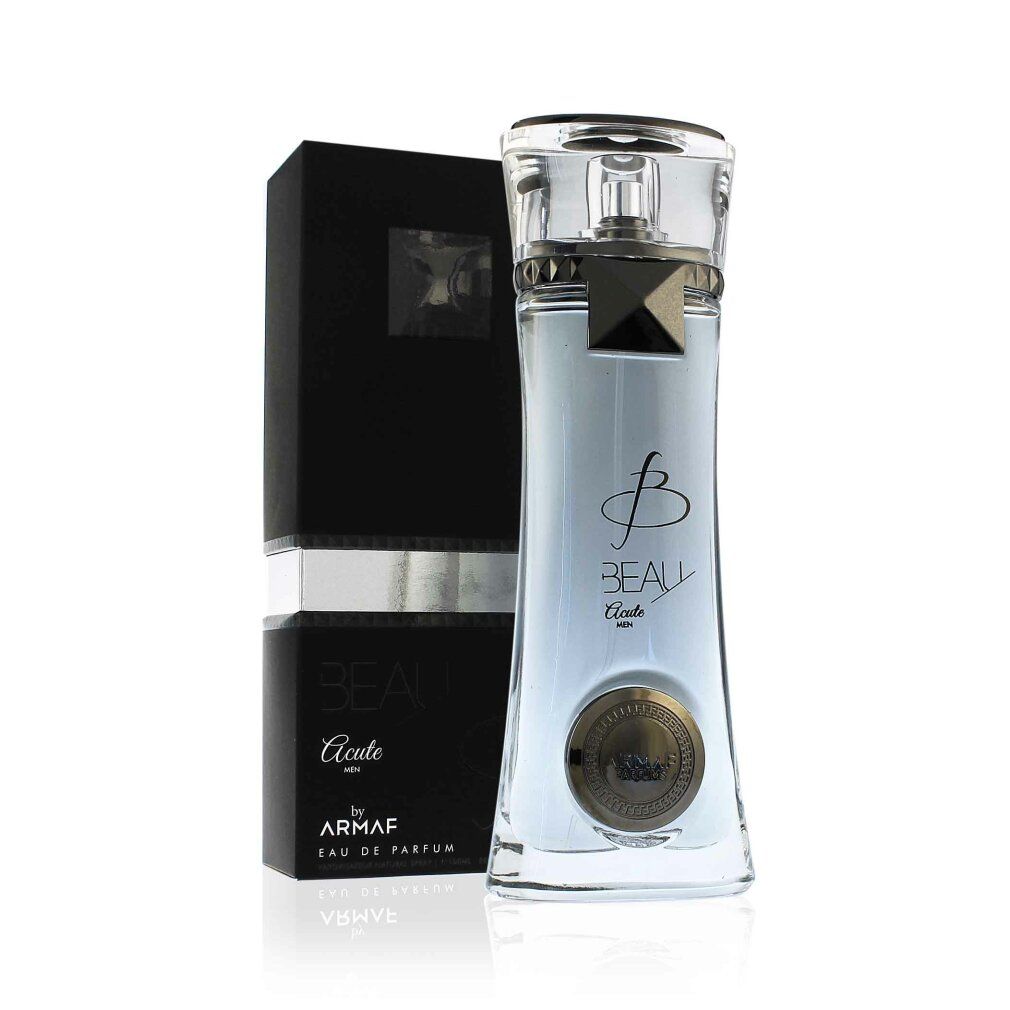 Parfümflasche neben schwarzer Schachtel. Flasche: Beau Acute, by Armaf. Runde Basis.