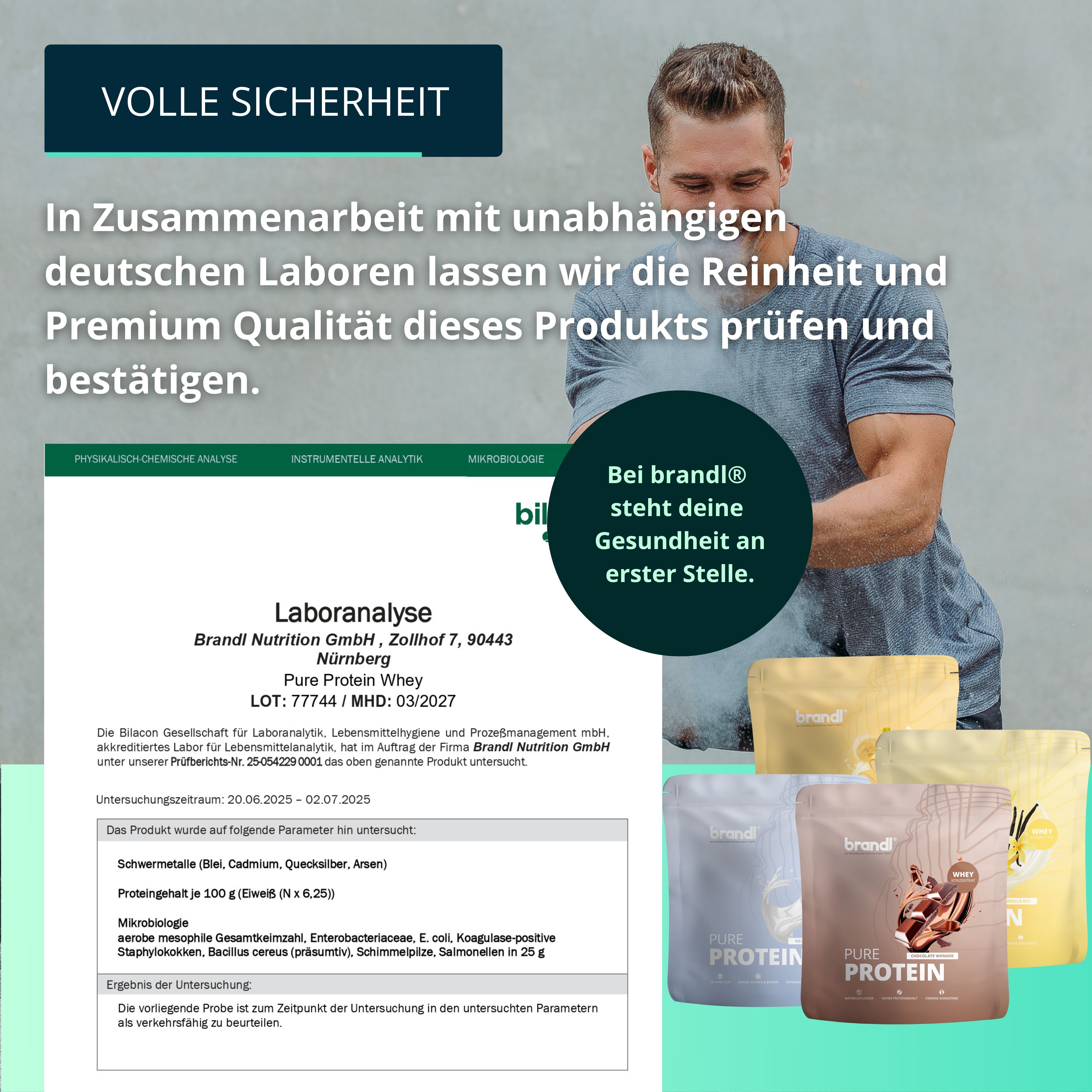 Mann betrachtet Laboranalyse. Mehrere Packungen "brandl" Pure Protein im Hintergrund. Text: Laboranalyse, Reinheit und Premium Qualität.