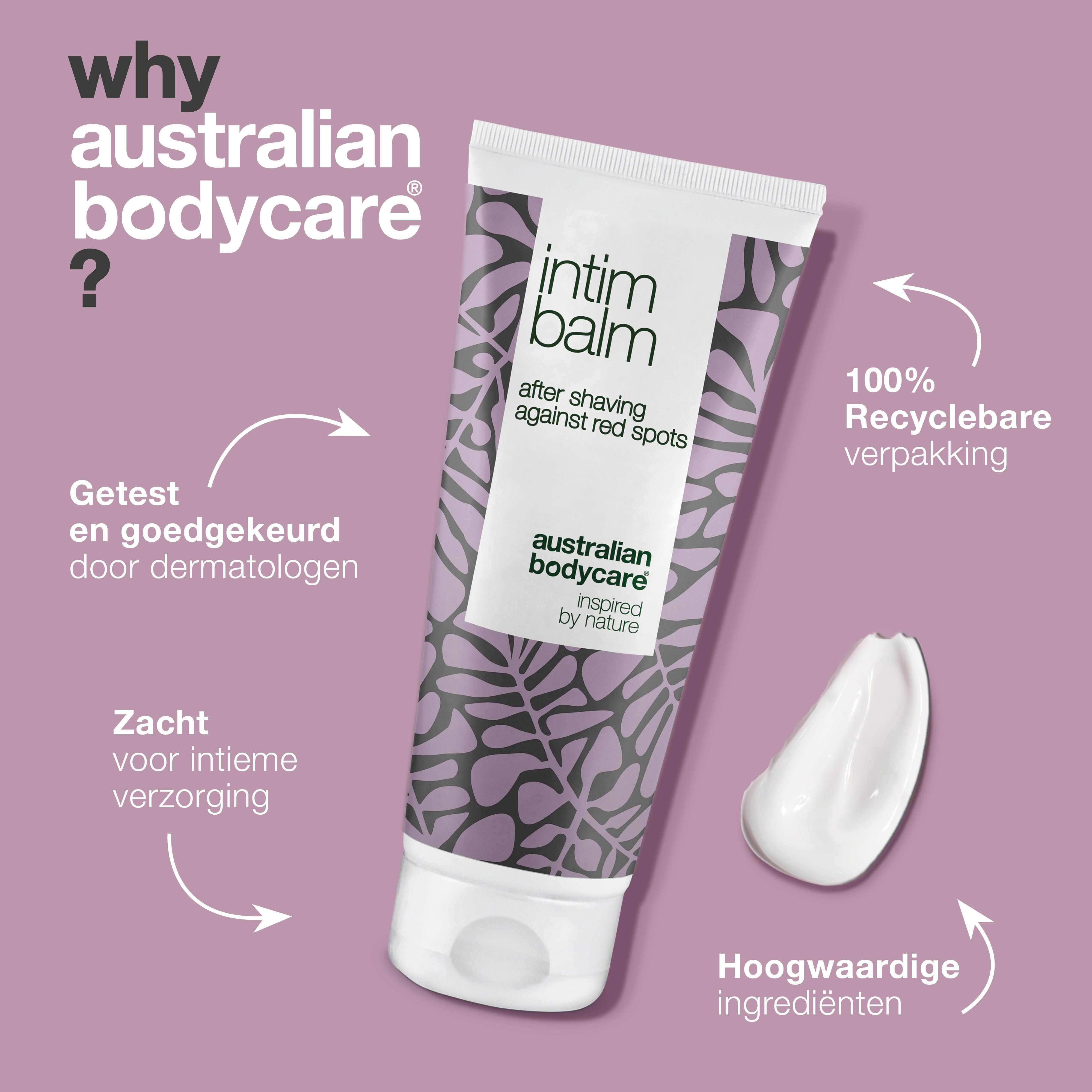 Productpresentatie: Tube intieme scheerbalsem. Merk: Australian Bodycare. Tekst: Aftershave.