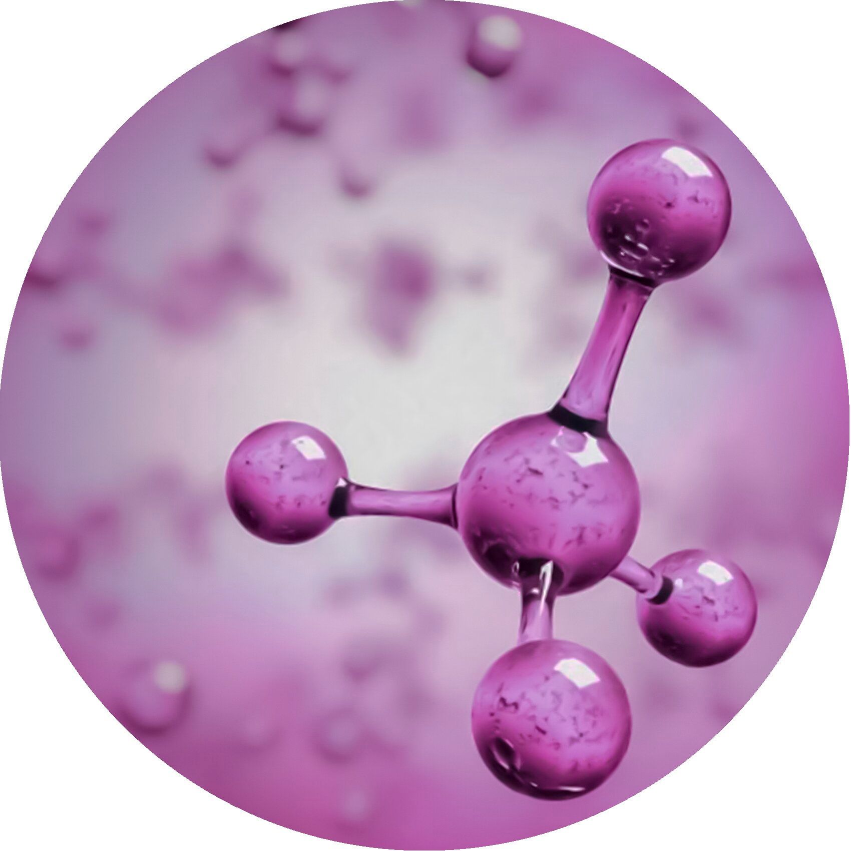 Runde Abbildung eines Moleküls in Lila. Besteht aus mehreren Kugeln, die durch Stäbe verbunden sind.
