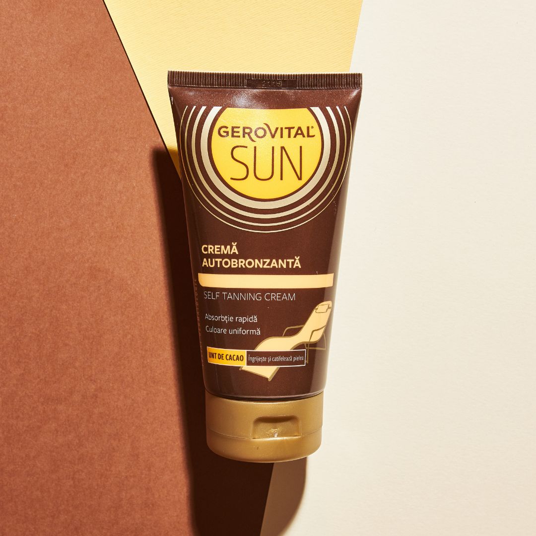 Braune Tube mit goldfarbenem Verschluss. Aufschrift: Gerovital Sun, Creme Autobronzanta, Self Tanning Cream. Hintergrund: Braun und gelb.