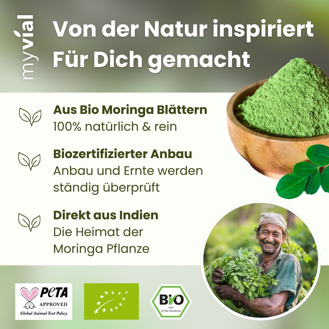 myvial® Bio Moringa Pulver - Blattpulver aus Moringa Oleifera - fein vermahlen