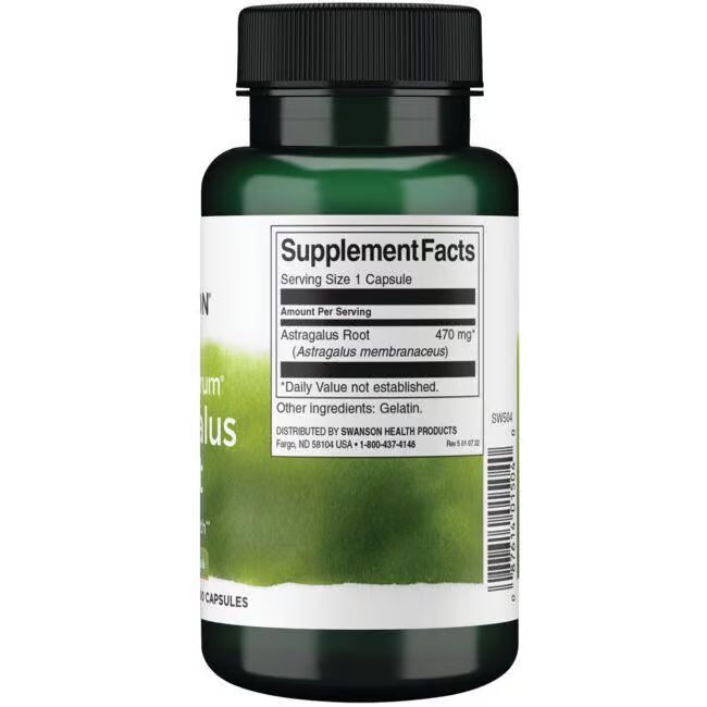 Rückseite der grünen Flasche. Aufschrift: Supplement Facts, Astragalus Root 470 mg, Zutaten: Gelatine.
