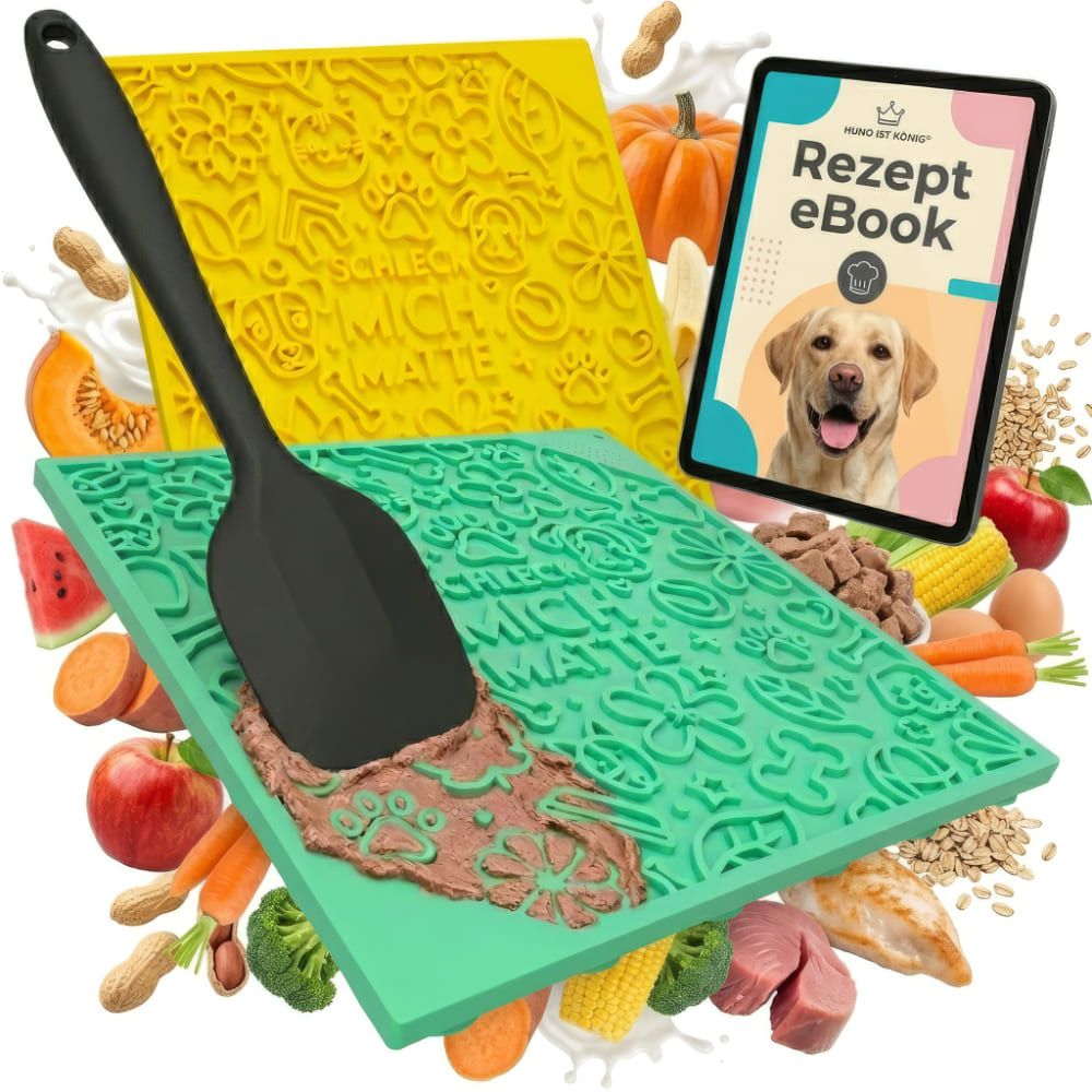 Gelbe und grüne Leckmatten mit Spatel und Rezept-E-Book. Dekorative Muster und Text. Lebensmittel und Zubehör.