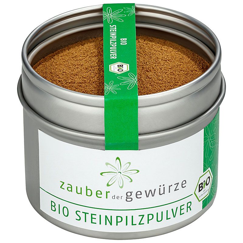 Runde Dose mit Steinpilzpulver. Etikett mit "Zauber der Gewürze Bio Steinpilzpulver" und Bio-Siegel. Grüner Streifen mit "BIO".