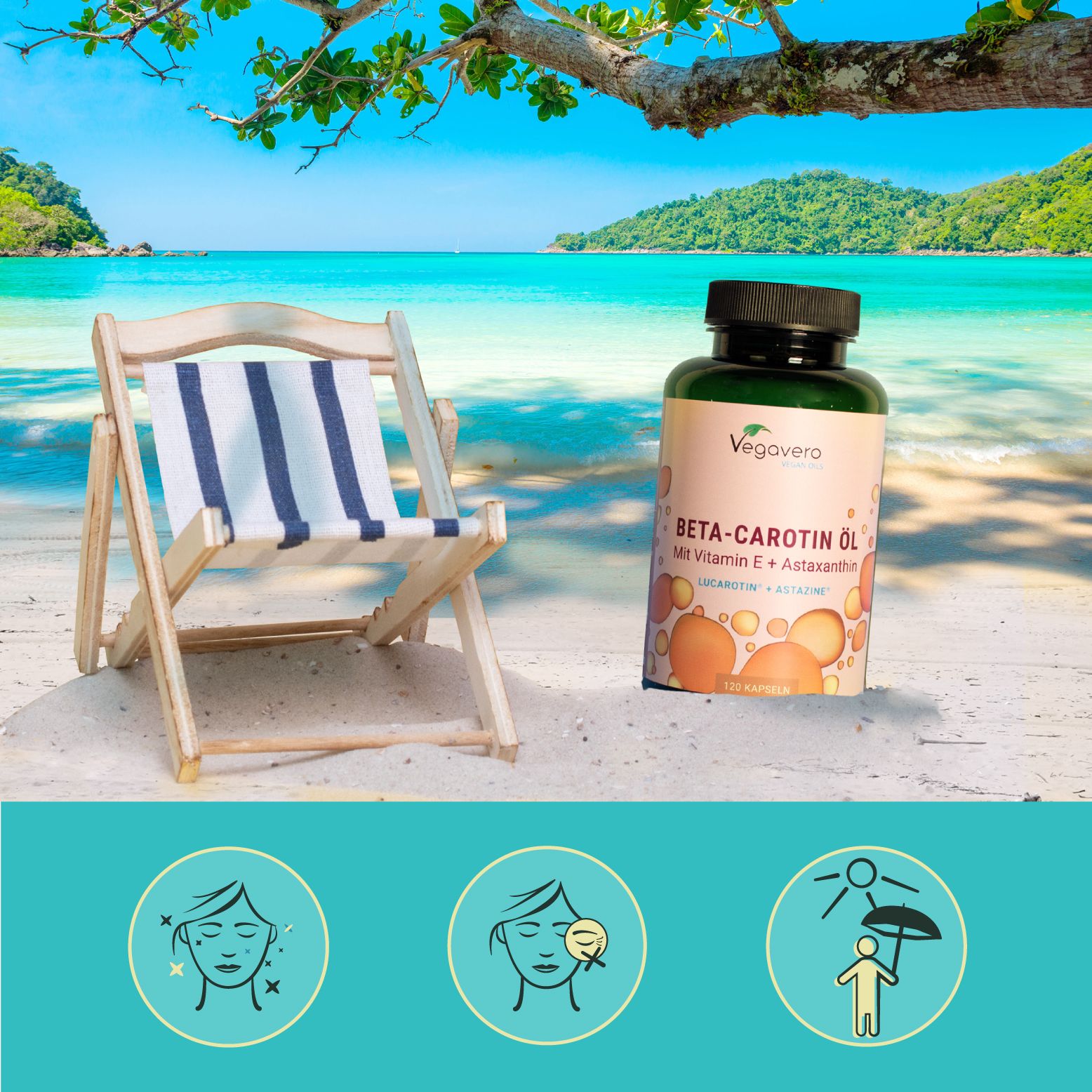 Strand-Szene mit Liegestuhl und Flasche Beta-Carotin Öl. Text: Beta-Carotin Öl, Mit Vitamin E & Astaxanthin.