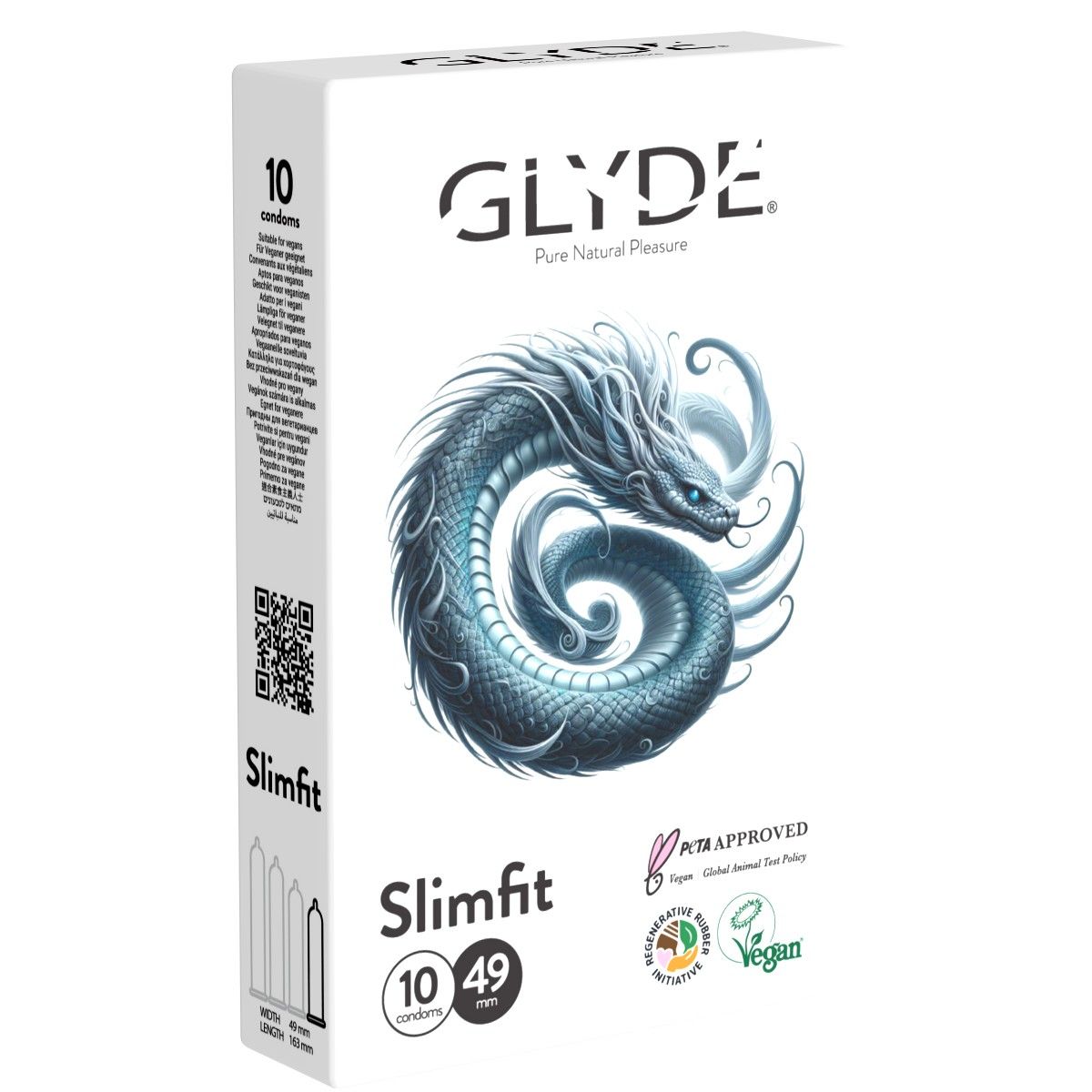 Packung Glyde Ultra Slimfit Kondome, 10 Stück, mit Drachenmotiv und Vegan-Siegel.