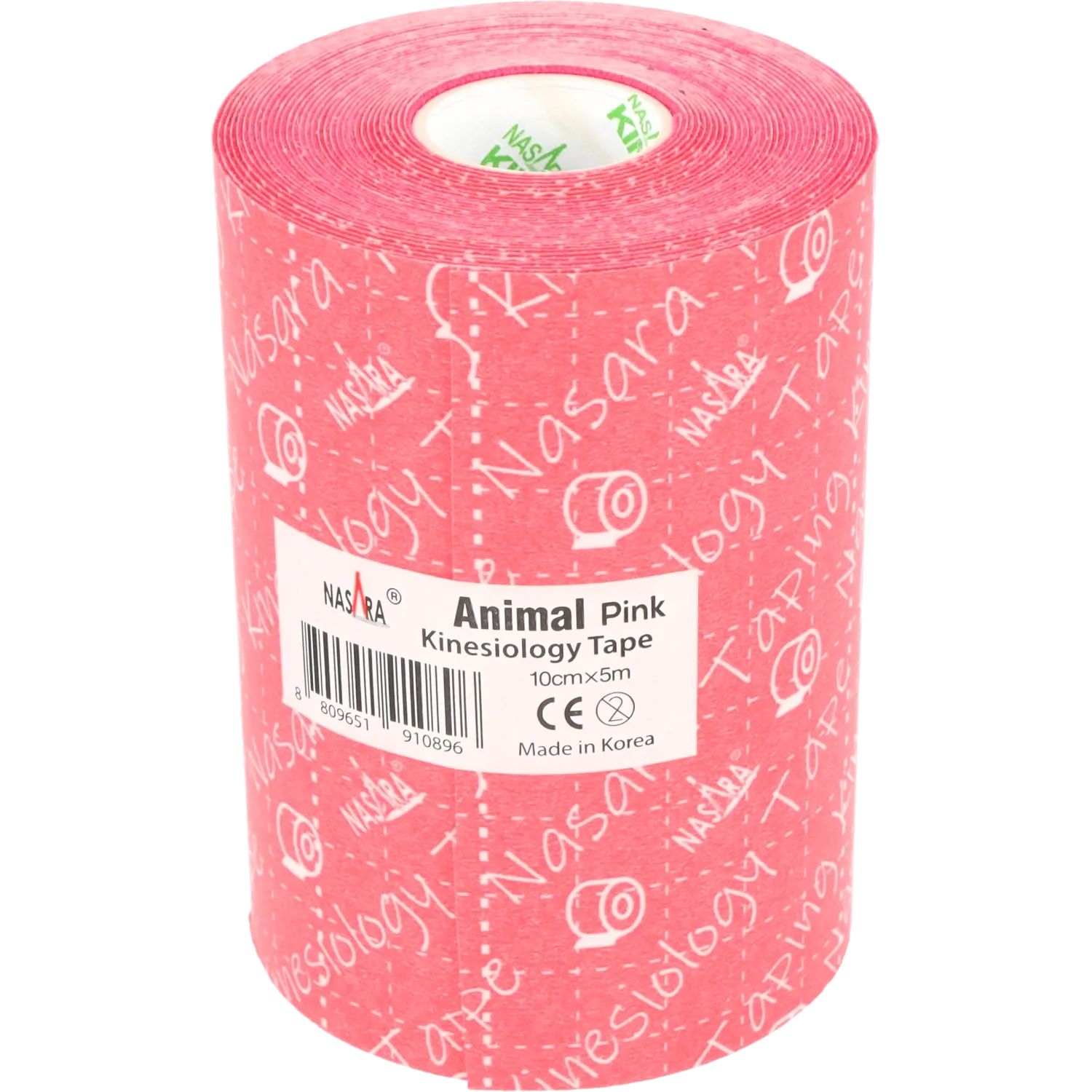 Rotolo di kinesio tape rosa. Stampa: Nasara Kinesiology Tape. Logo bianco. Etichetta con informazioni sul prodotto.