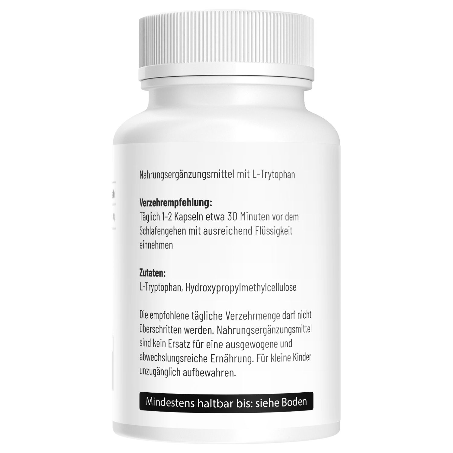 Rückseite einer L-Tryptophan Kapsel-Flasche. Verzehrempfehlung, Zutaten und Haltbarkeitsdatum.