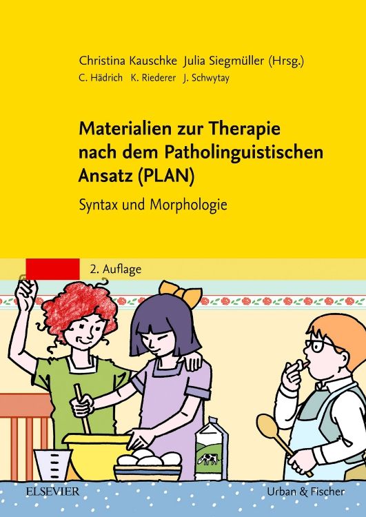 Buchcover: Materialien zur Therapie nach dem Patholinguistischen Ansatz (PLAN). Illustration von Kindern beim Kochen.
