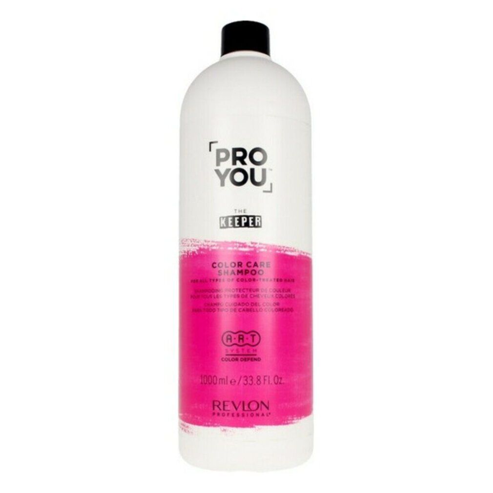 Weiße Shampoo-Flasche mit schwarzem Deckel. Rosa Etikett mit Text: PRO YOU THE KEEPER COLOR CARE SHAMPOO. Marke: Revlon.