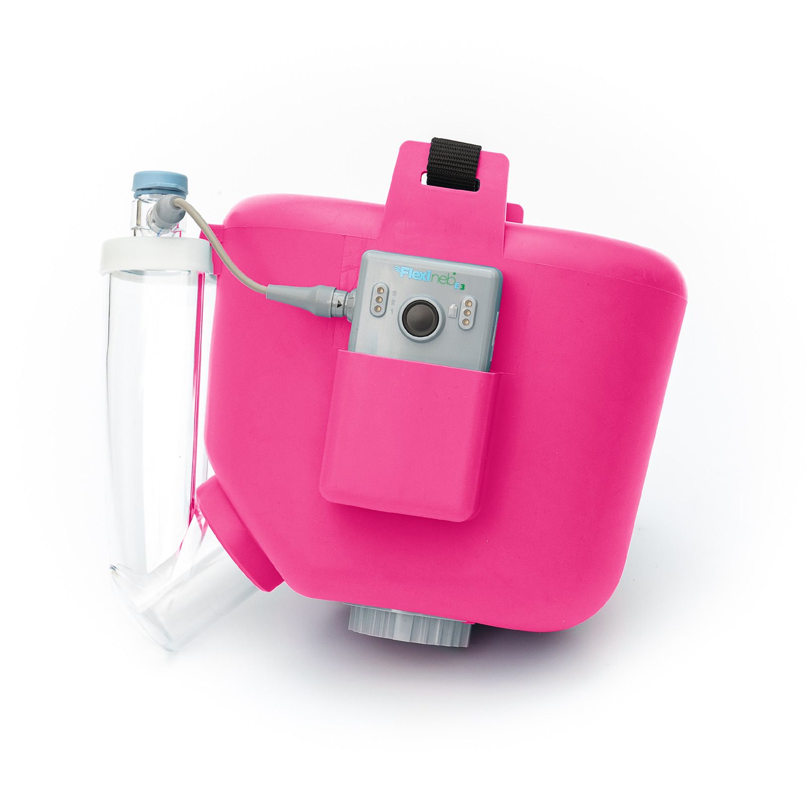 Pinkfarbener Inhalator mit Zubehör. Enthält eine Steuereinheit, einen Behälter und einen transparenten Aufsatz.
