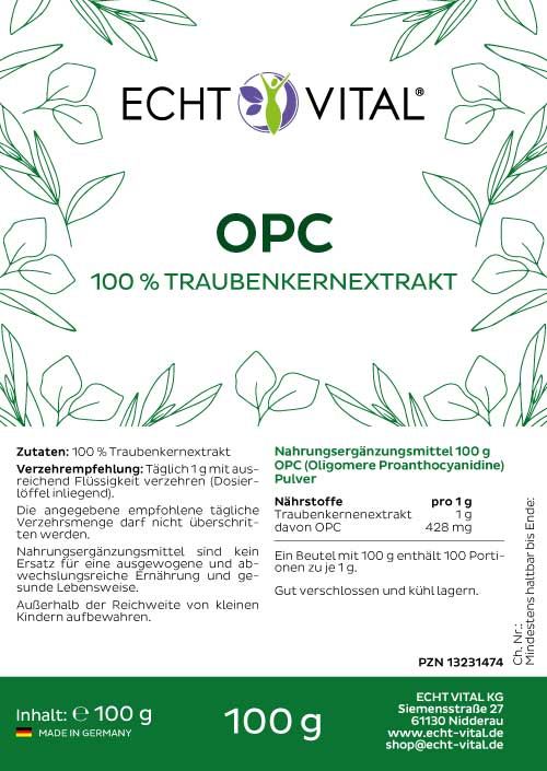 Etikett mit Produktinformationen. Aufdruck: Echt Vital, OPC, 100% Traubenkernextrakt, 100 g. Grüner Hintergrund mit weißen Schriftzügen.