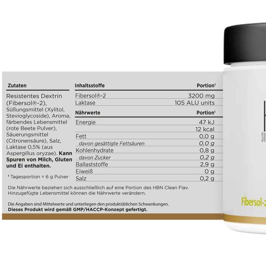Nahaufnahme des Etiketts eines HBN Clean Flav-Behälters. Enthält Nährwertangaben und Zutatenliste. Text in Deutsch.
