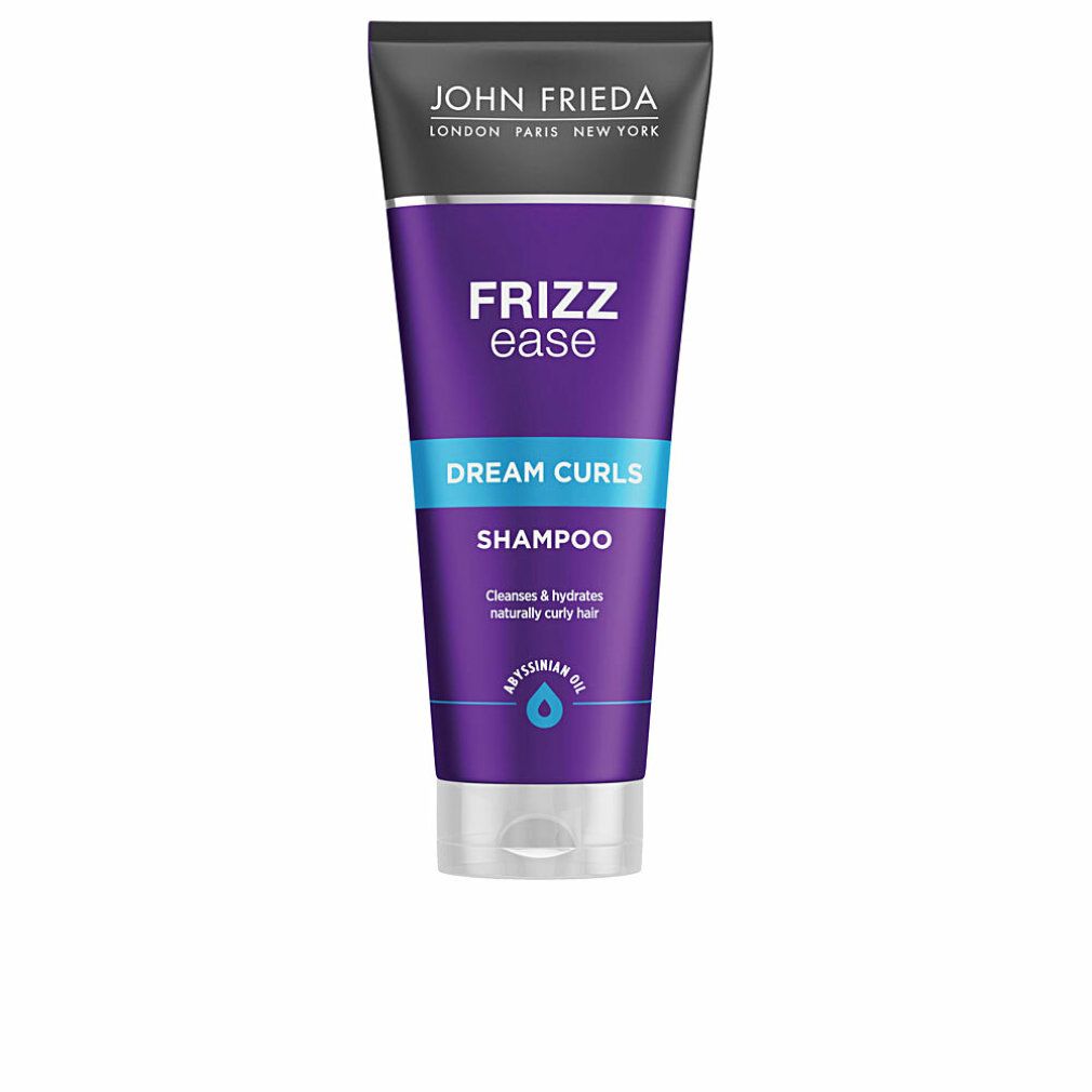 John Frieda Frizz Ease Traumlocken Shampoo. Lila Tube mit weißem Deckel. Text: Frizz Ease, Dream Curls, Shampoo.