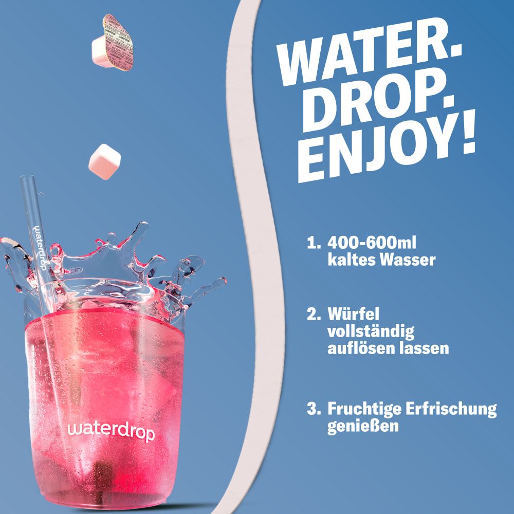 Glas mit rosa Getränk, Wasser spritzt. Anweisungen: 1. 400-600ml kaltes Wasser. 2. Würfel vollständig auflösen lassen. 3. Fruchtige Erfrischung genießen.