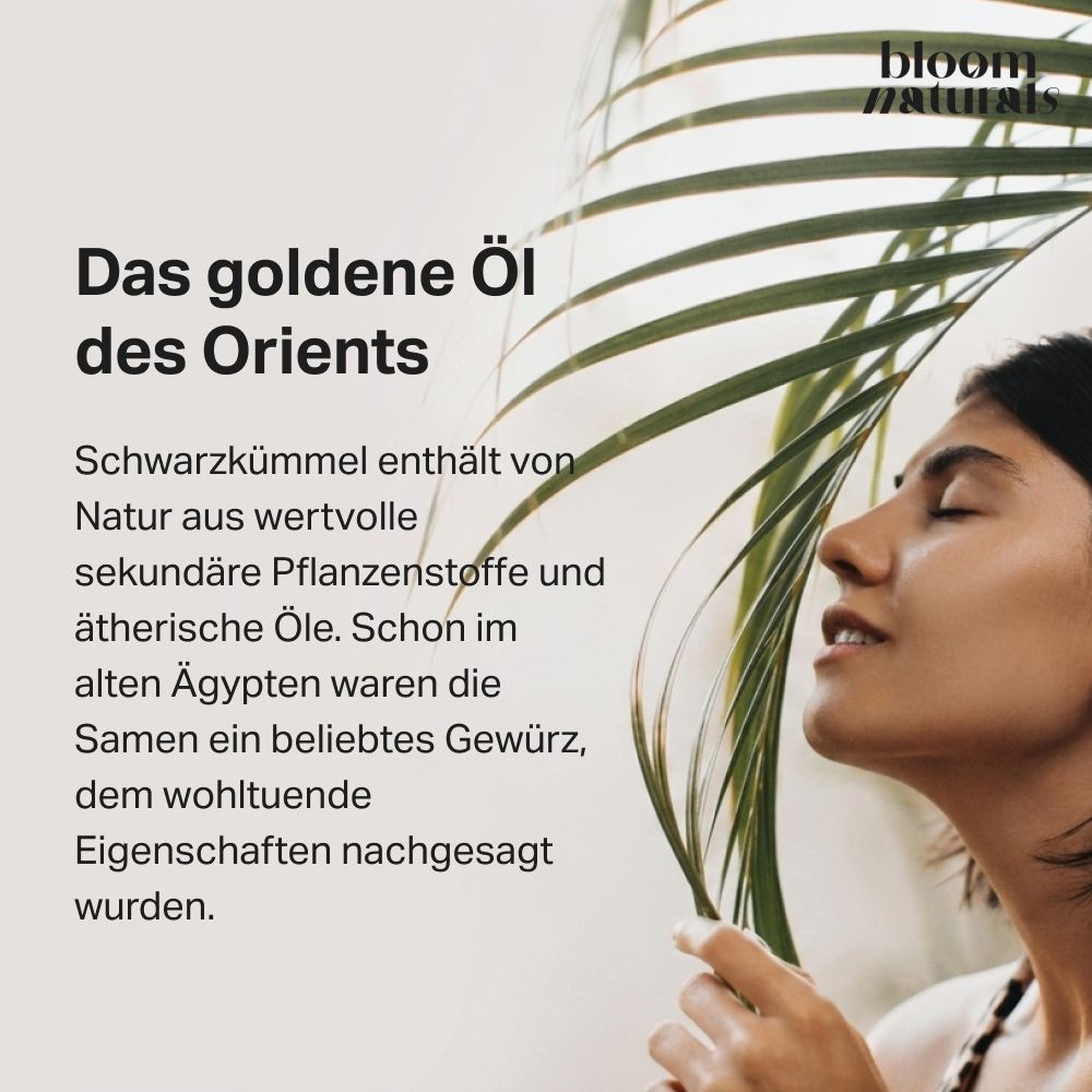 Frau mit geschlossenen Augen und Palmblatt. Text: Das goldene Öl des Orients.