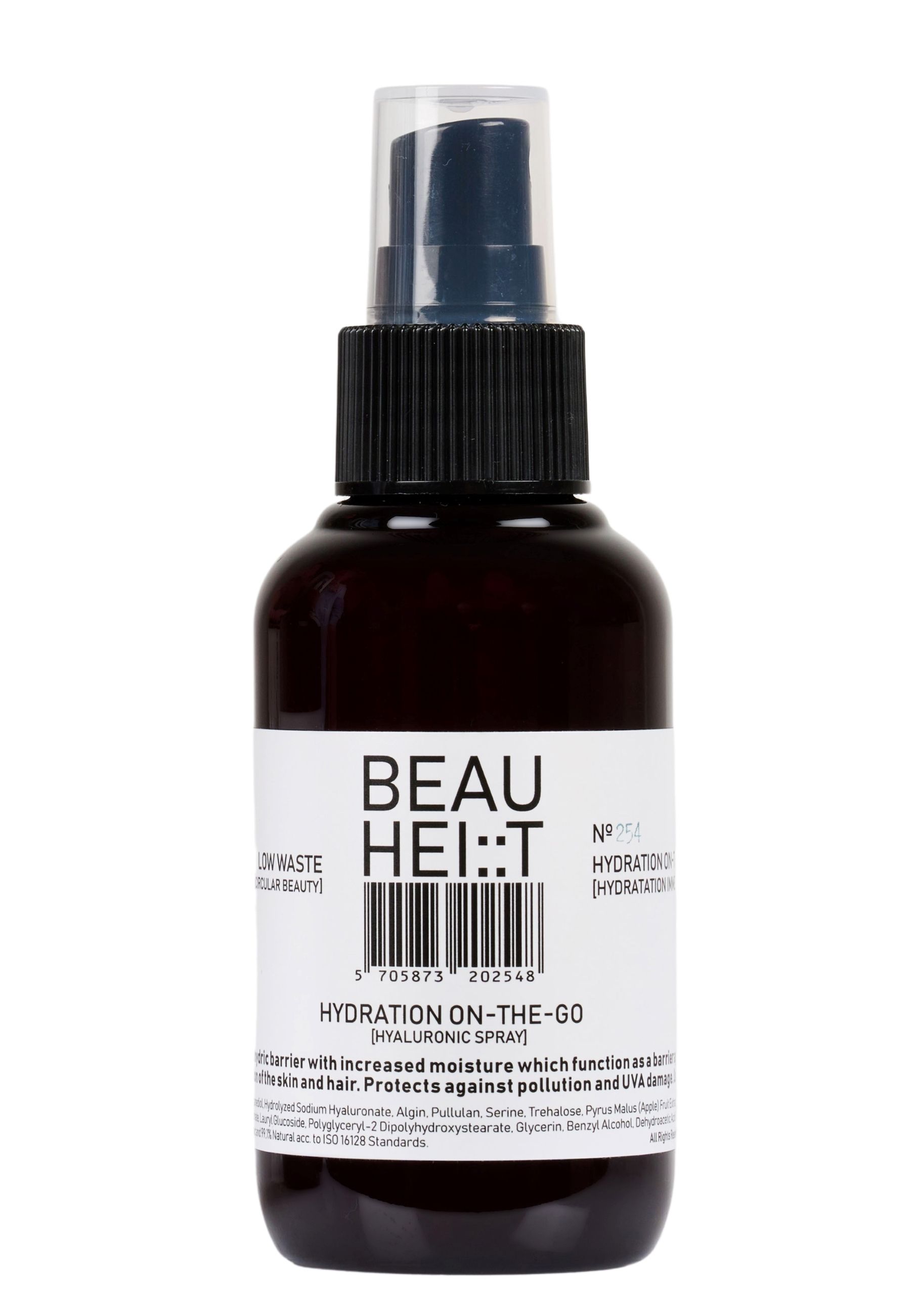 Braune Sprühflasche mit schwarzem Sprühkopf. Aufschrift: BEAUHEIT, HYDRATION ON-THE-GO, Hyaluronsäure Spray. Etikett mit Inhaltsstoffen.