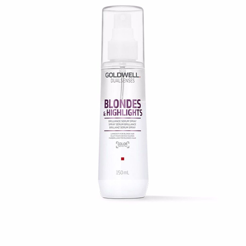 Goldwell Dualsenses Blondes & Highlights Brilliance Serum Spray. Weiße Flasche mit Sprühkopf. Produktname und Logo sichtbar.