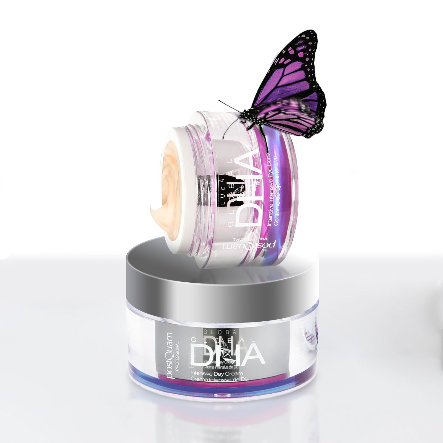 Creme-Glas. Produktname: Global DNA Intensive Day Cream. Marke: Postquam. Schmetterling auf dem Glas.
