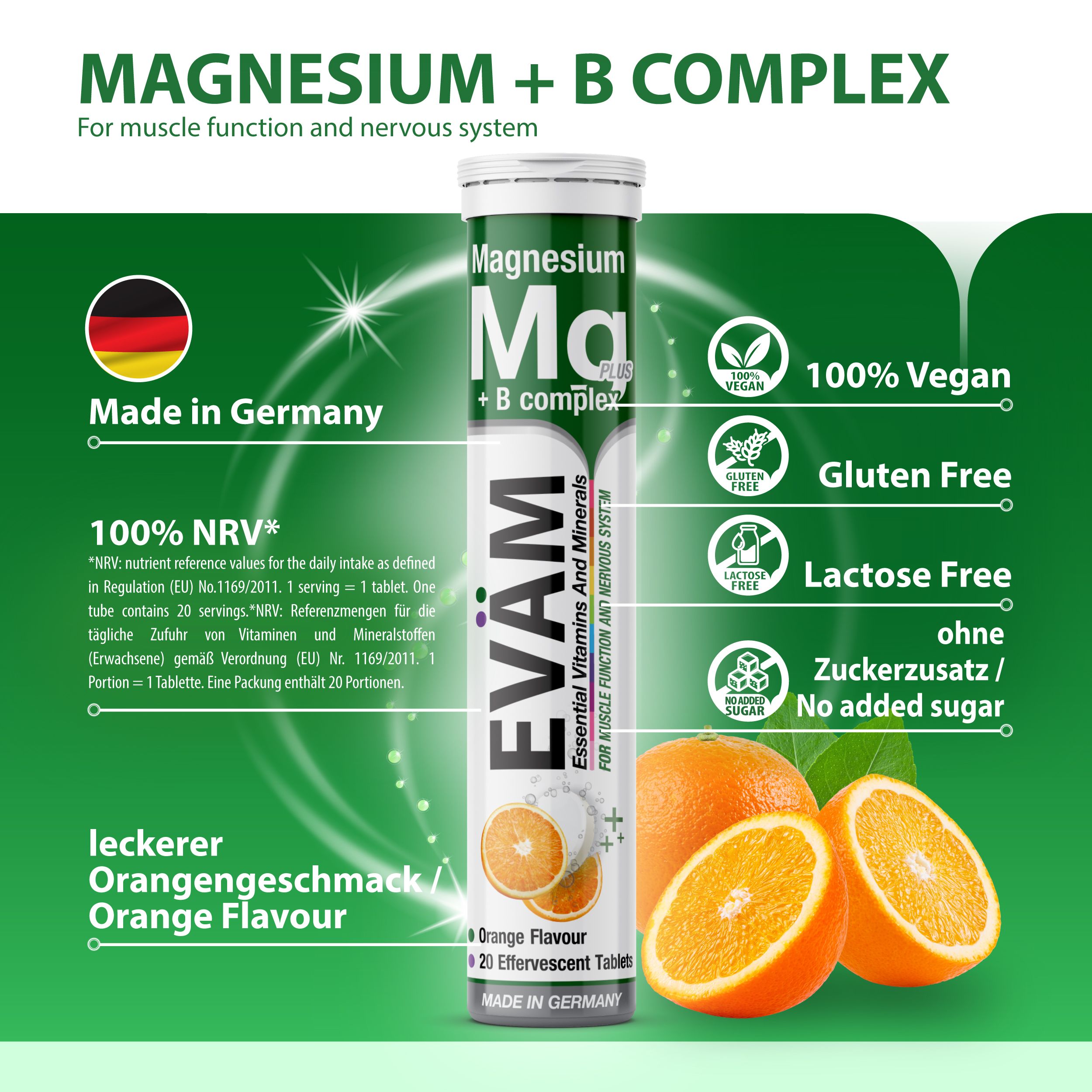 EVÄM Magnesium + B-Komplex Tube. Enthält 20 Brausetabletten. Mit Orangengeschmack. Vegan, glutenfrei, laktosefrei, ohne Zuckerzusatz. Hergestellt in Deutschland.