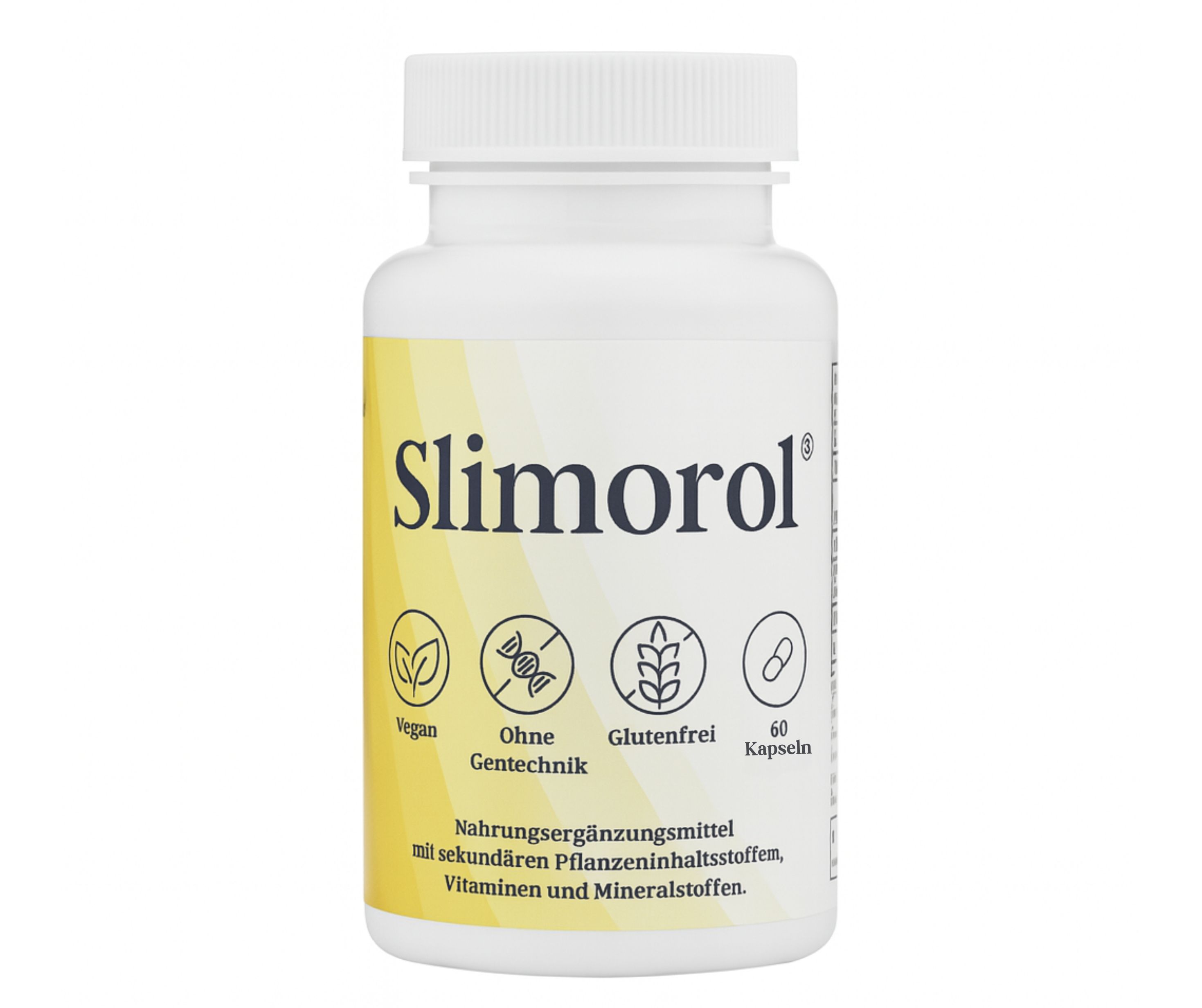 Weiße Flasche mit Slimorol-Etikett. Vegan, ohne Gentechnik, glutenfrei. 60 Kapseln. Nahrungsergänzungsmittel mit Vitaminen und Mineralstoffen.