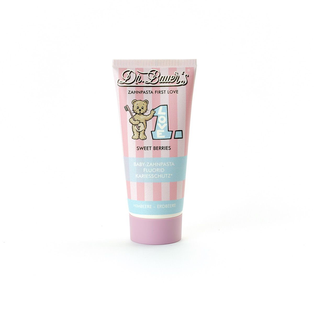 Zahnpasta-Tube, rosa und blau gestreift, mit Bär-Illustration und Schriftzug. Produktname und Details sind sichtbar.