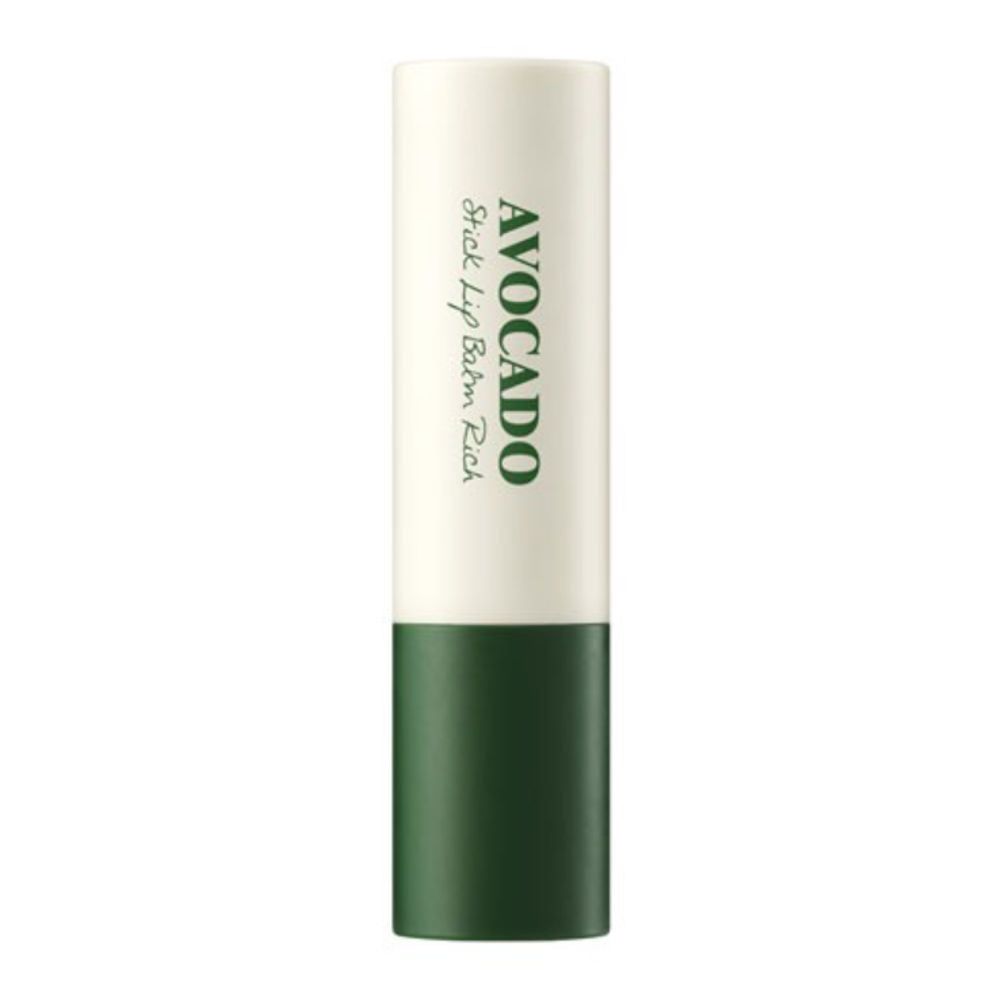 Lippenbalsam-Stick mit weißem und grünem Gehäuse. Aufschrift: Avocado Stick Lip Balm Rich.