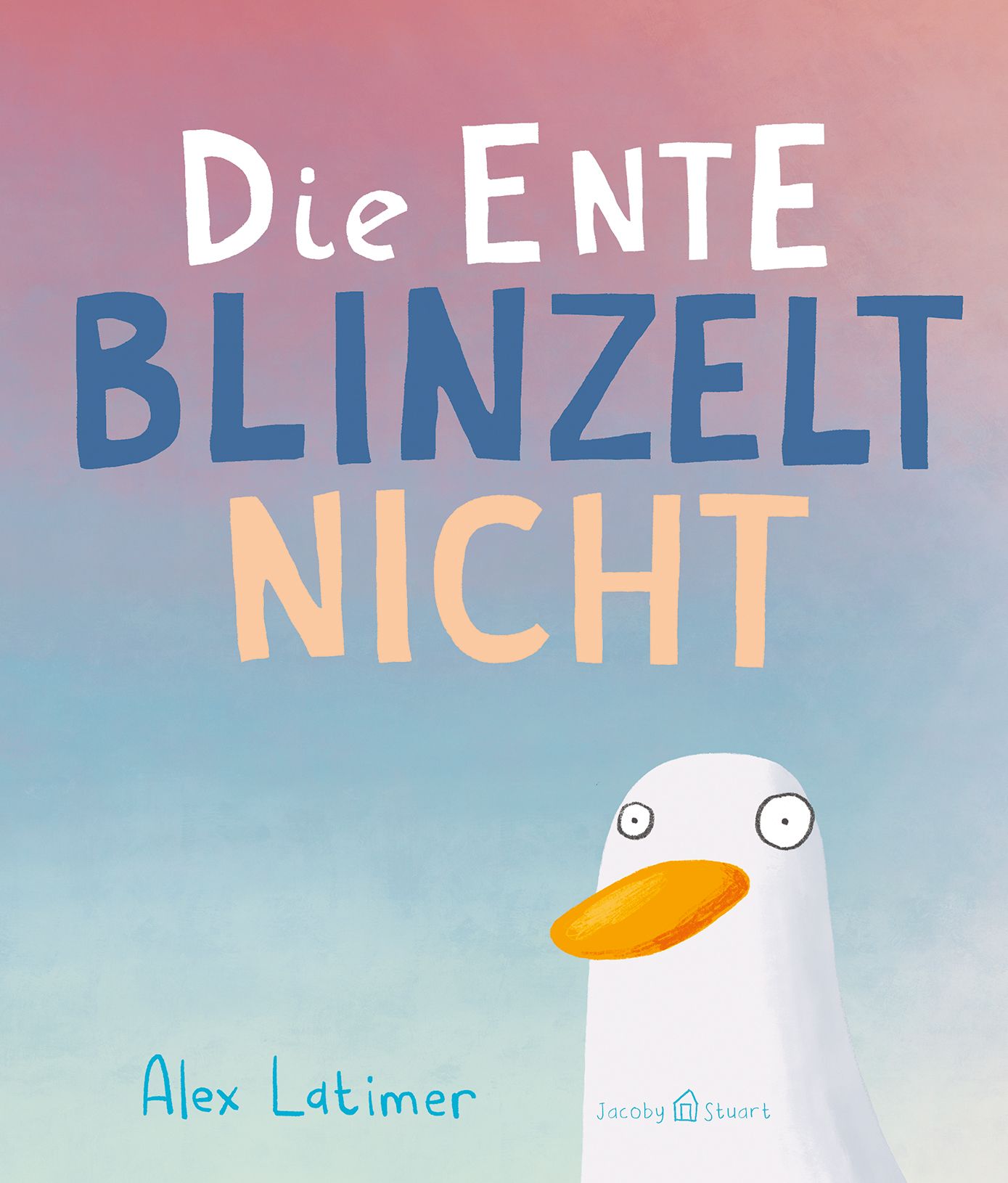 Buchcover mit Titel "Die Ente blinzelt nicht". Eine weiße Ente mit orangefarbenem Schnabel. Autor: Alex Latimer. Verlag: Jacoby & Stuart.