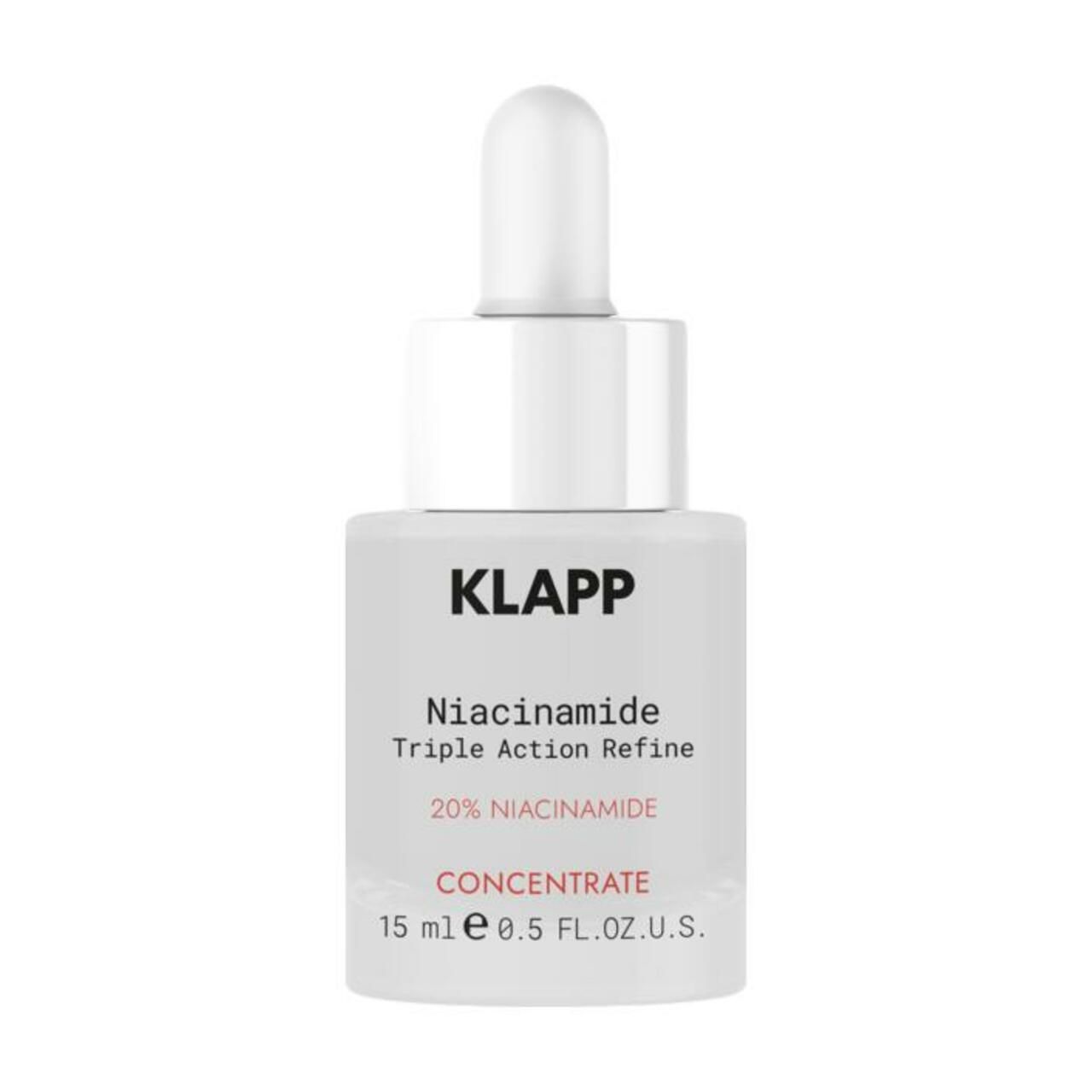 Klapp Recharge Niacinamide Konzentrat. Flasche mit Pipette. Weißes Etikett mit Produktnamen und 20% Niacinamid. 15 ml.