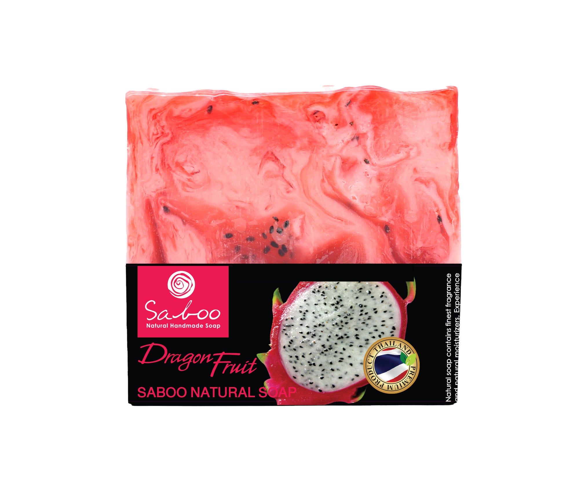 Seife mit Drachenfrucht-Motiv. Rote und weiße Marmorierung. Schwarze Verpackung mit Logo und Produktbezeichnung.