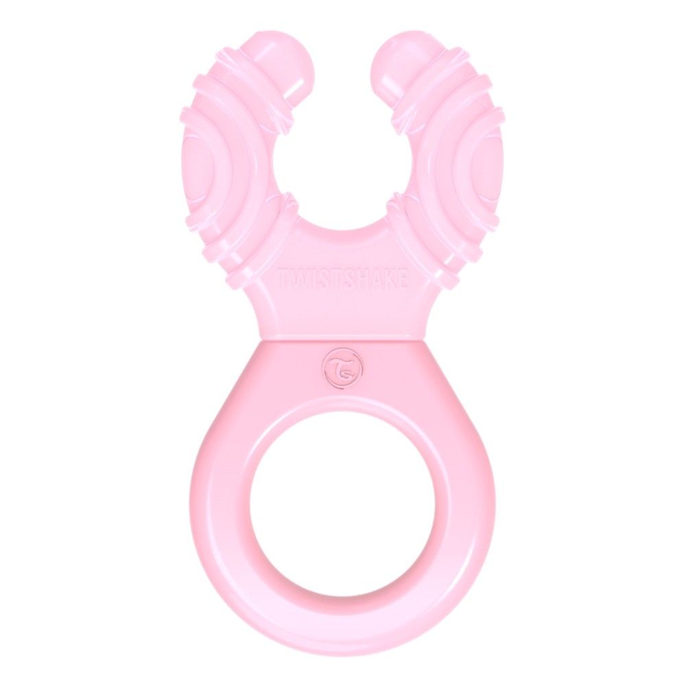 Rosa Beißring mit Ringgriff und zwei U-förmigen Enden. Die Enden haben geriffelte Oberflächen. Marke: Twistshake.